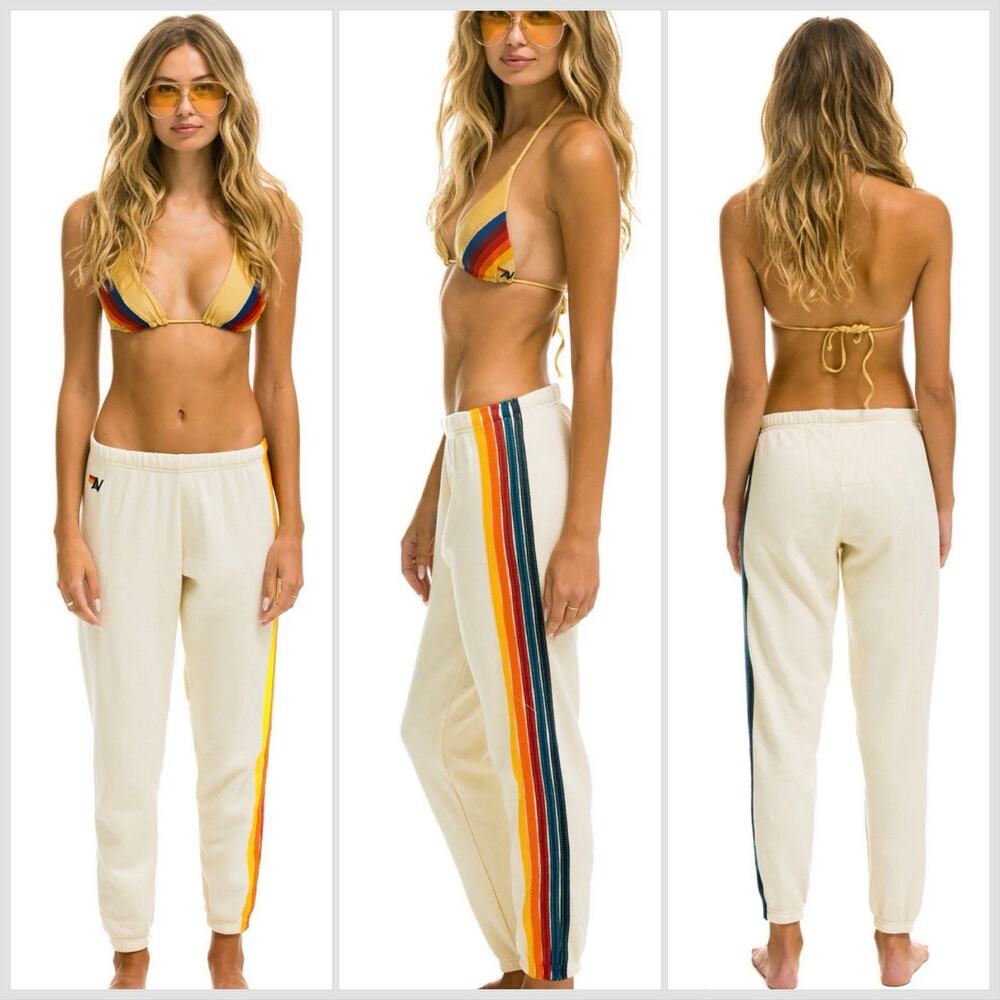 Aviator Nation AV Women’s 5 Stripe Joggers Sweatpants Vintage White Beige Sz XS